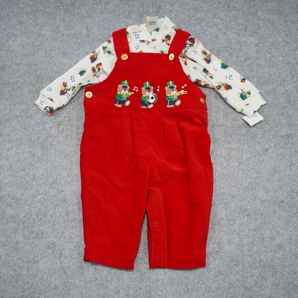 Vintage Retro Kids 3-6 Months Velvet Overall Jumpsuit Embroidered Teddy Bears